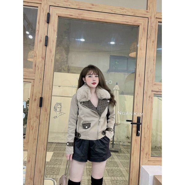 Áo khoác da nhung lót lông  hàng QC_ cổ lông tháo rời