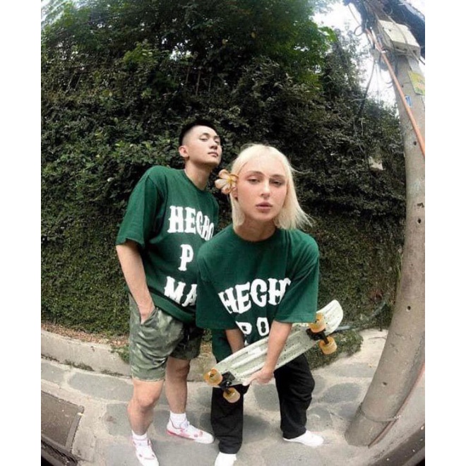 Áo phông unisex xanh rêu Hecho basic form rộng tay lỡ dành cho nam nữ