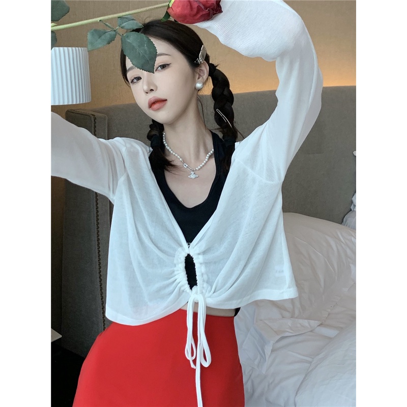 LALISAS Áo Dệt Kim Mỏng Phối Dây Rút Phong Cách Thời Trang Hàn Quốc