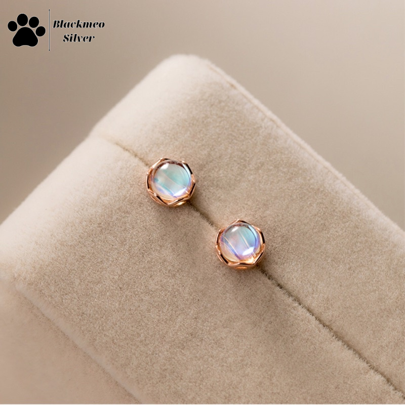 Bông tai tròn bạc đá Moonstone nhân tạo, khuyên tai bạc tròn đá mặt trăng nhân tạo Blackmeo