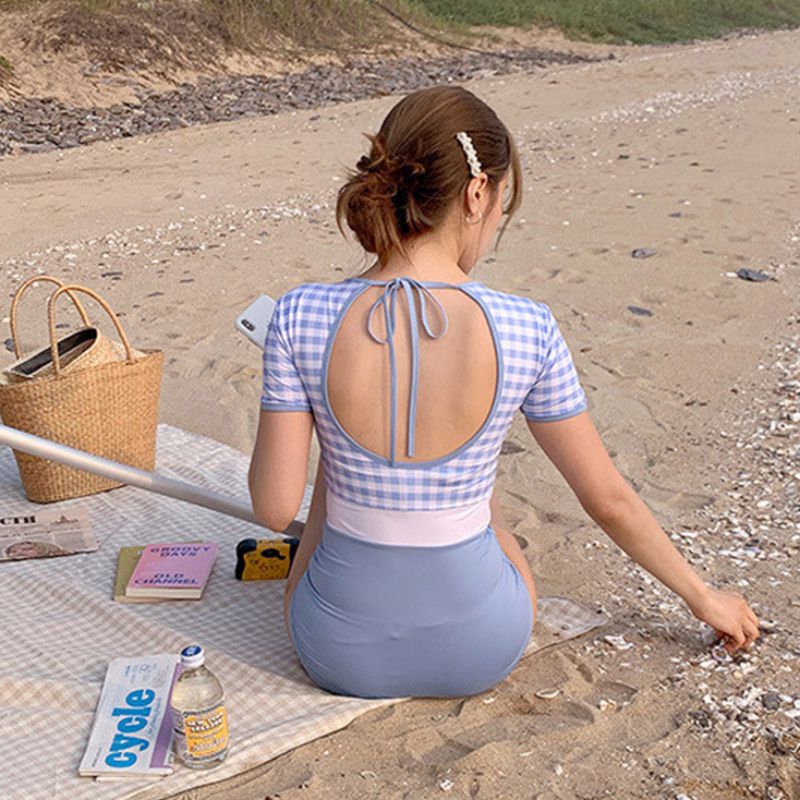 Đồ Bơi Một Mảnh Ngắn Tay Hở Lưng Họa Tiết Ca Rô Quyến Rũ Dành Cho Nữ | BigBuy360 - bigbuy360.vn