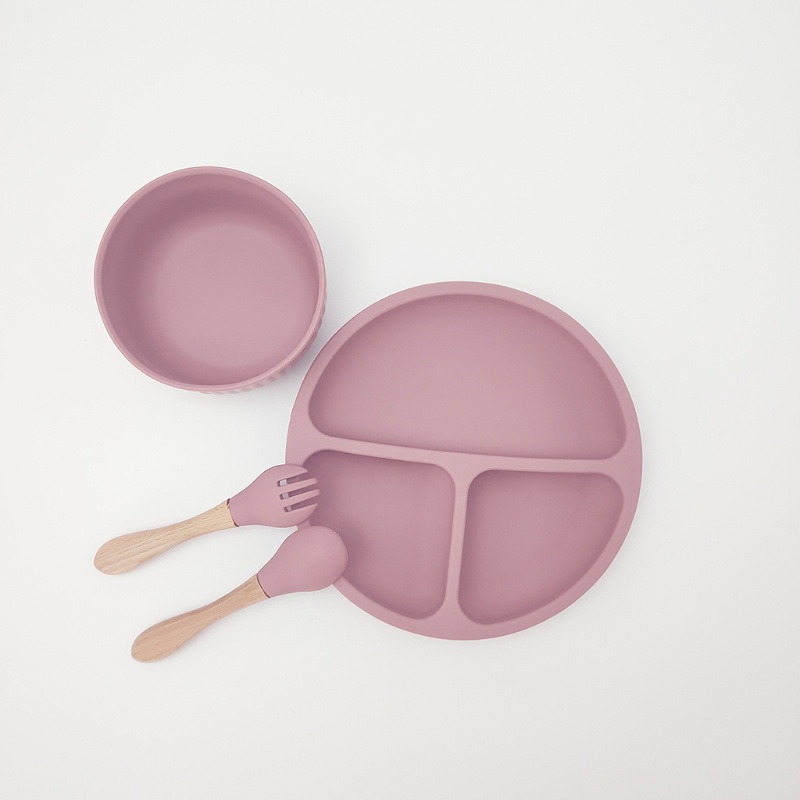 Bộ 4 Dụng Cụ Tập Ăn Gồm Bát / Muỗng / Nĩa Chia Ngăn Bằng Silicone Dành Cho Bé