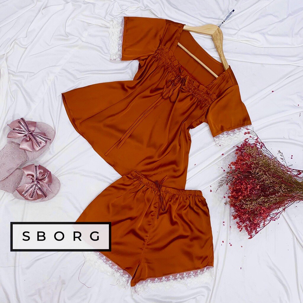 Bộ ngủ lụa SBORG đồ ngủ cute lụa latin cao cấp áo viền ren dễ thương phối quần đùi có túi freesize dưới 65kg quà tặng vợ