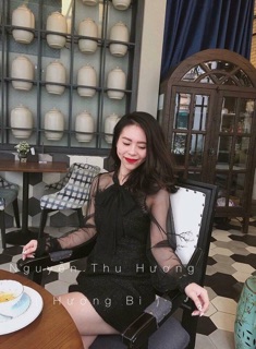 (giá rẻ nhất) Đầm bố phối tay lưới nơ ở cổ
