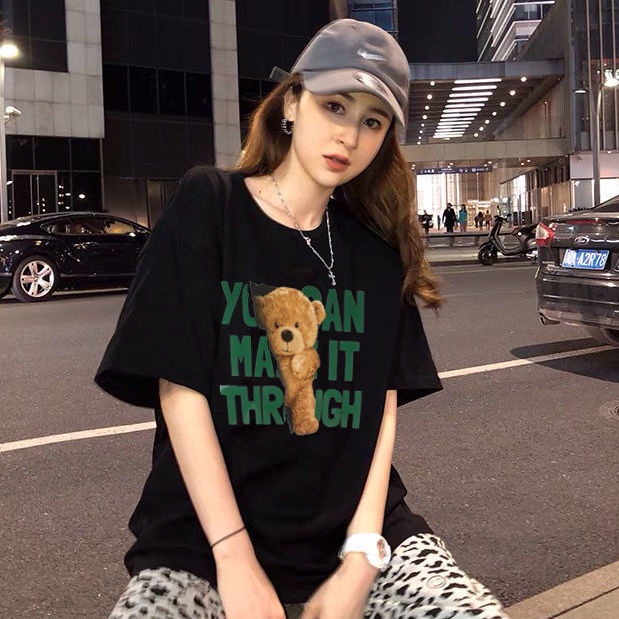Áo Thun Cotton Tay Ngắn Dáng Rộng In Hình Gấu Và Chữ Đơn Giản Thời Trang Phong Cách Harajuku