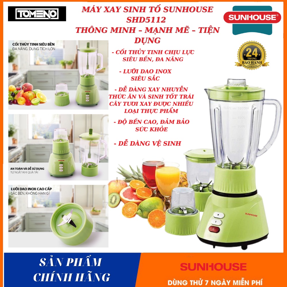 Máy xay sinh tố Sunhouse SHD5112, máy xay thực phẩm , thức ăn dặm cho bé , rau củ quả , tặng 2 cối , dung tích 1L