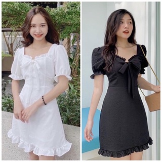 Đầm dạo phố, váy công sở viền bèo nơ cổ 2 màu
