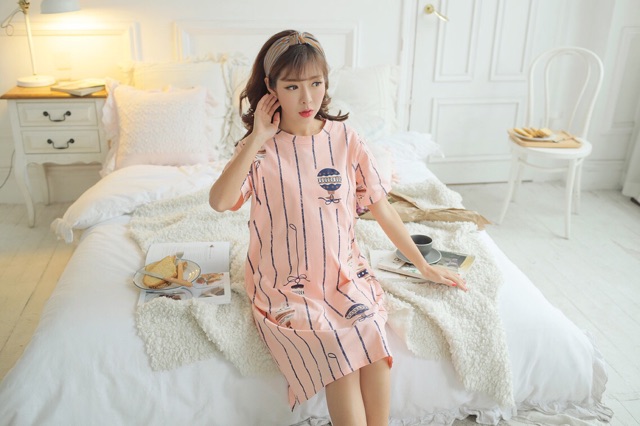 Váy mặc nhà cho mẹ bầu và cho con bú - chất cotton mẫu sọc