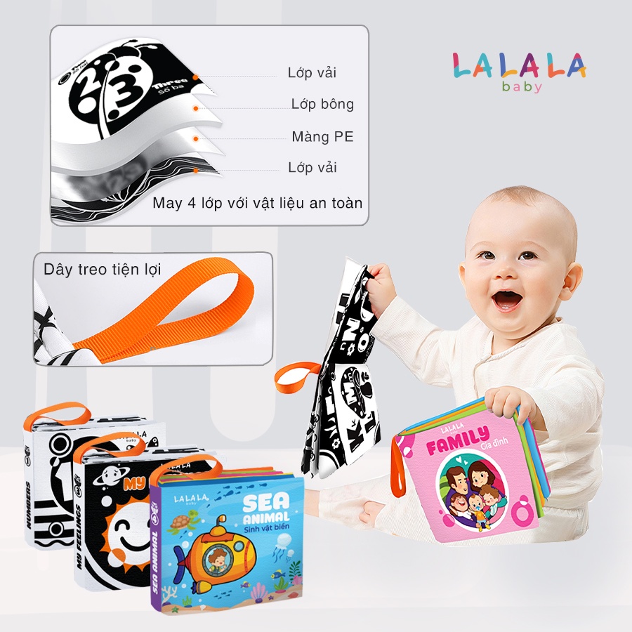 Sách vải cho bé sơ sinh 0 đến 12 tháng Lalala baby, an toàn tuyệt đối, kích thước 12x11cm, 8 mặt sột soạt. MẪU MỚI