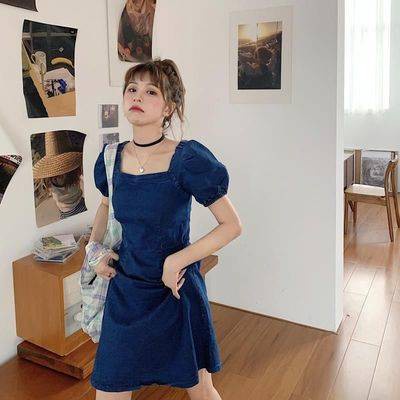 Đầm Denim Dáng Dài Cổ Vuông Tay Phồng Phong Cách Pháp Thời Trang Mùa Hè 2021