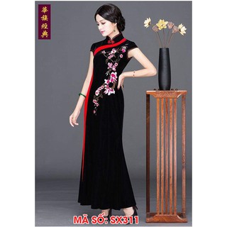 ➡️#sx311 đầm sườn xám nhung quý bà thêu hoa phối viền sang trọng có size lớn - hàng nhập khẩu