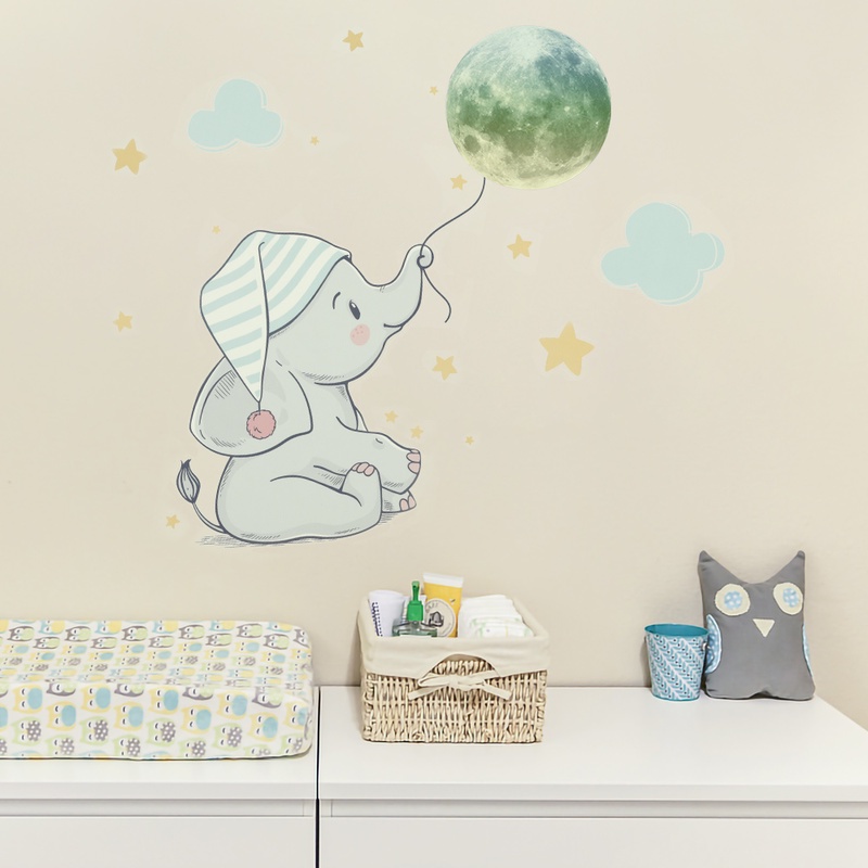 Miếng Dán Tường Dạ Quang Tự Dính Bằng PVC In Hình Voi Hoạt Hình Trang Trí Nhà Cửa DIY