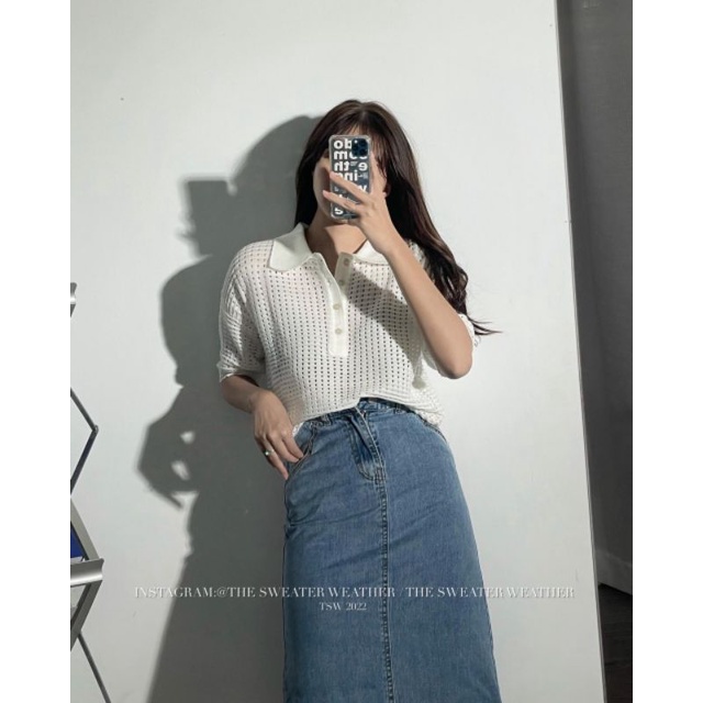 Áo len lỗ trắng gài nút ngực cổ bẻ tay ngắn siêu hot hàng Quảng Châu