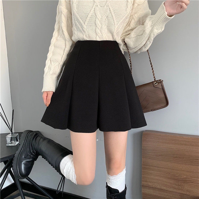 Chân váy len ngắn dáng chữ A màu đen xếp ly thời trang thu đông cho nữ 2021