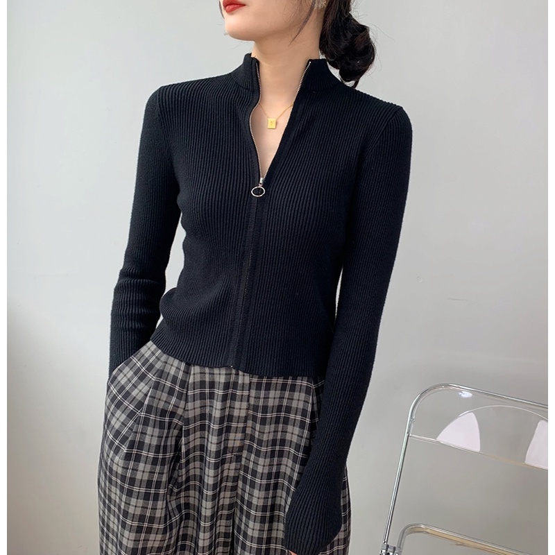 Ot Áo Sweater Lửng Tay Dài Có Khóa Kéo Dành Cho Nữ A371 #