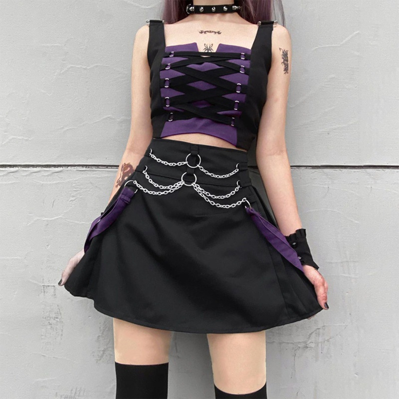 Set Áo Croptop 2 Dây Không Tay Màu Sắc Tương Phản Phối Dây Xích Kim Loại + Quần Short Lưng Cao Phong Cách Harajuku Dành Cho Nữ