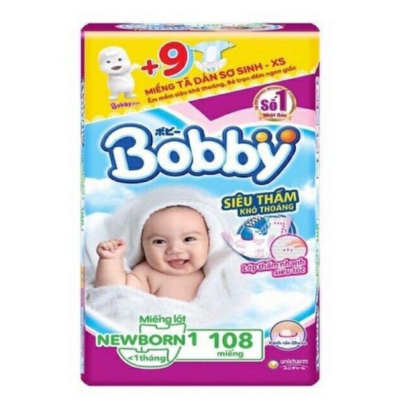 Tã dán sơ sinh Bobby XS72, S56. Miếng lót NB1 108, NB2 60 mới