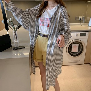 Yeswomen Phong Cách Nghệ Thuật Kẻ Sọc Dài Tay Có Mũ Trùm Đầu Chống Nắng Nữ Rời Thường Ngày Giữa Chiều Dài Mỏng Áo Sơ Mi Ngoài Kính Chống Nắng