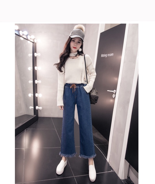 Quần jean big size màu xanh lưng thun ống suông lai tua  size 70-80kg