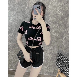 Set bộ áo croptop in chữ babi toàn áo kèm quần short kẻ sọc xinh na