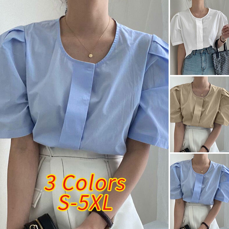 Áo kiểu VONDA tay ngắn cổ tròn màu trơn phong cách Hàn Quốc thời trang mùa hè cho nữ