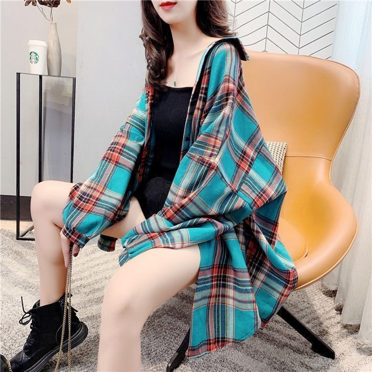 Áo sơ mi caro tay dài dáng rộng thiết kế mới phong cách retro Hàn Quốc