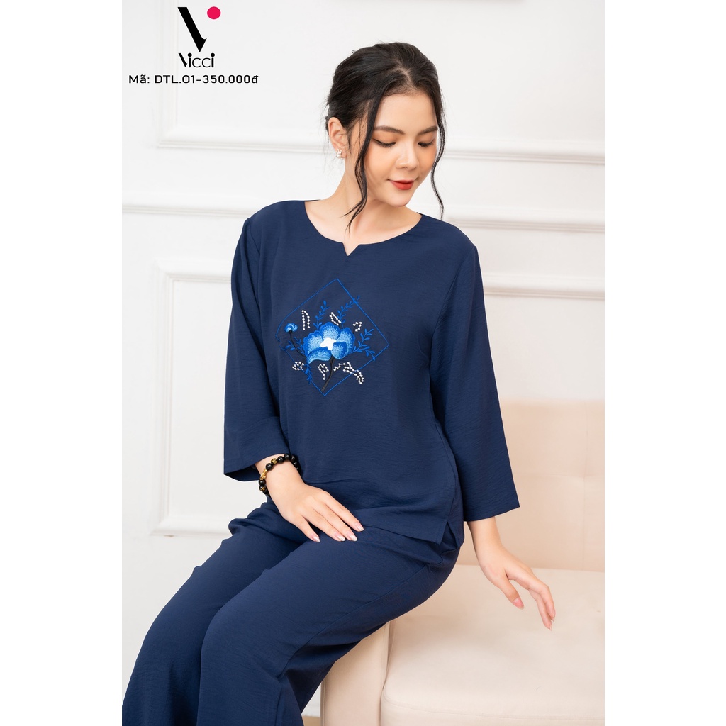 [BST Mới] Bộ mặc nhà trung niên cho mẹ, cho bà Vicci DTL01 thiết kế tay lỡ quần dài, chất liệu vải đũi chun mềm mịn