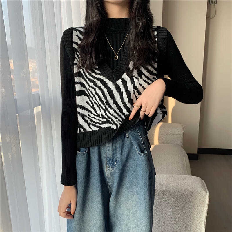 Áo len không tay cổ chữ V họa tiết ngựa vằn thời trang Hàn Quốc cho nữ