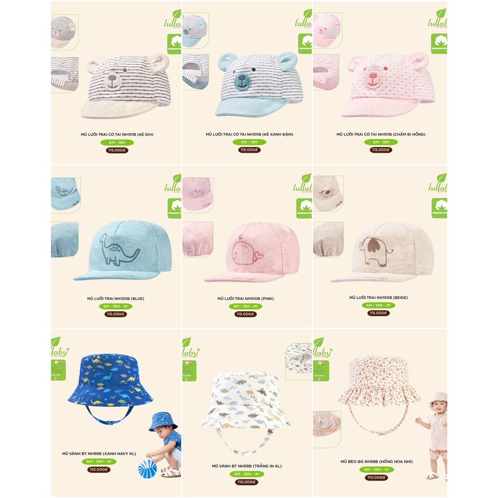 [CHÍNH HÃNG] Mũ cotton cao cấp họa tiết trẻ em Lullaby