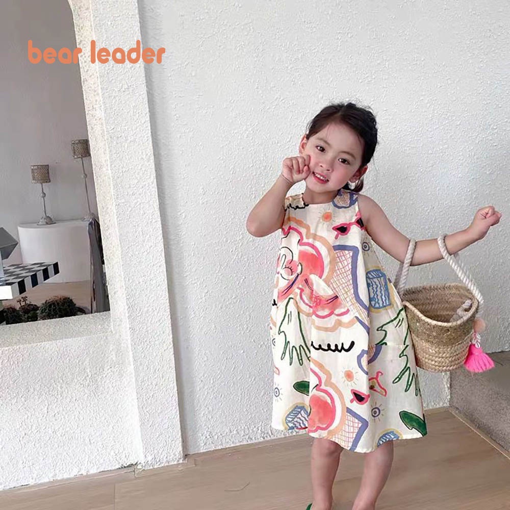 BEAR LEADER Đầm Công Chúa Mùa Hè Dáng Chữ A Sát Nách Kẻ Sọc Cổ Tròn Dễ Thương Cho Bé Gái