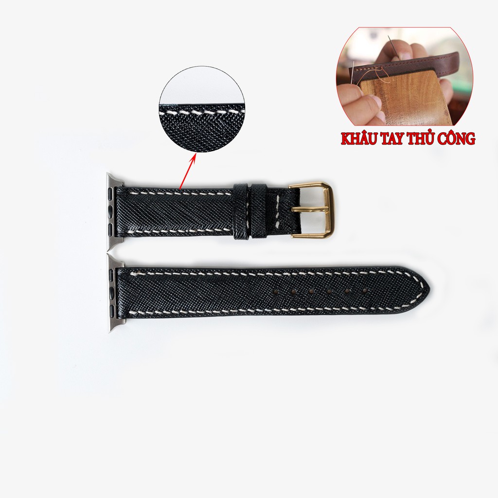 Dây da apple watch da saffiano D117 cao cấp-khâu tay thủ công- dây apple watch series 3 series 4 series 5