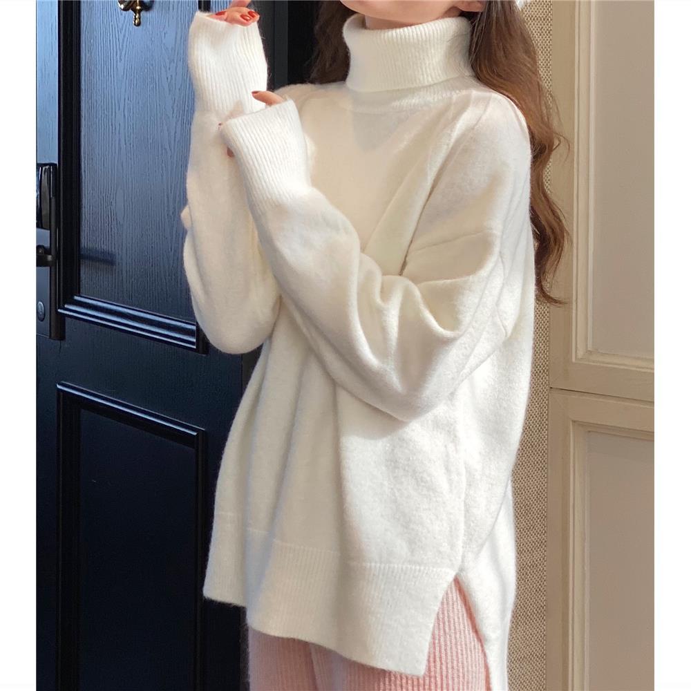 Caring Korean Style Pure Color Thickened Split Turtleneck Sweater Female Winter Grab New Student Loose All-Matching Sweater Coat Top