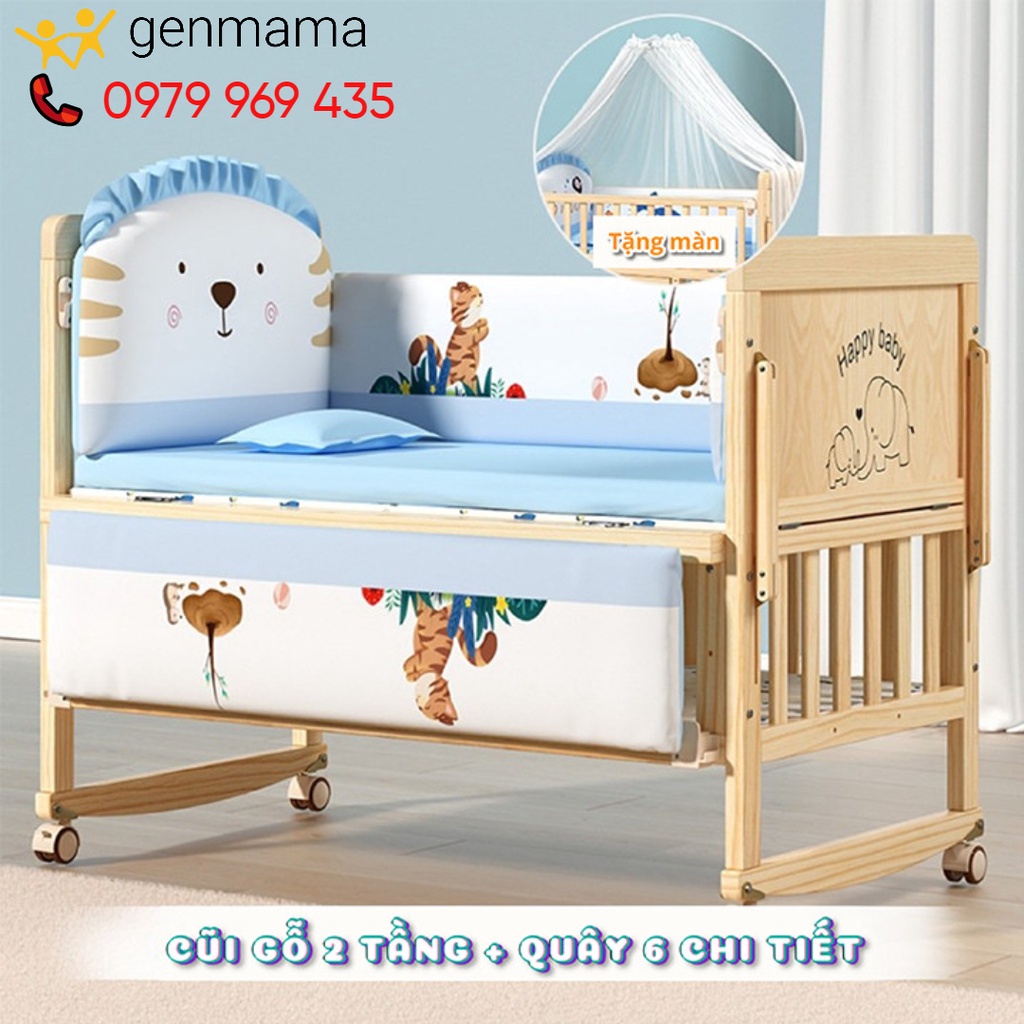 Cũi gỗ thông minh 6 chế độ 2 tầng (Combo Cũi + Quây + tặng màn) GENMAMA , nôi cũi giường đa năng cho bé kt 105*60*90
