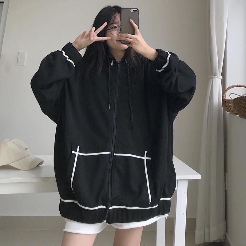 Áo khoác Hoodie viền tay bồng PEONYB - Jacket nỉ form rộng khoá zip có mũ oversize phong cách Ulzzang