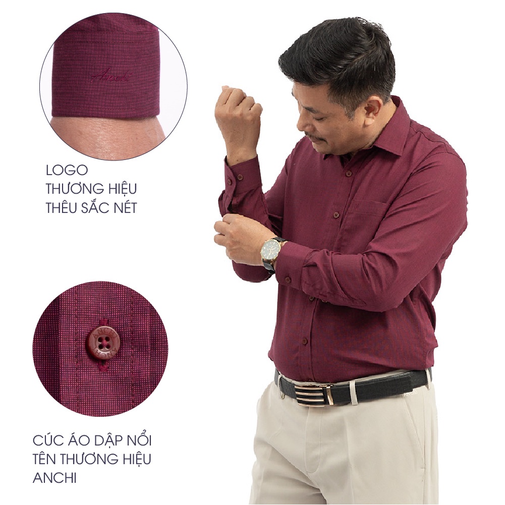 Combo Áo Sơ Mi Nam Đỏ Đô Và Quần Âu Vải Tăm Màu Kem Trung Niên ANCHI Cao Cấp