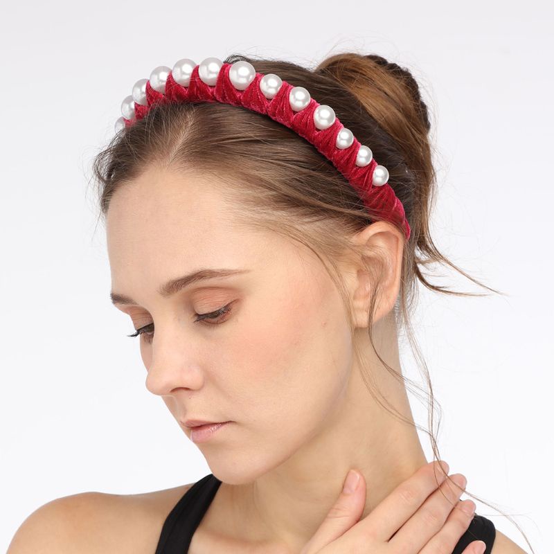 Băng Đô Cài Tóc Bằng Nhung Đính Ngọc Trai Giả Phong Cách Dân Tộc Dành Cho Nữ