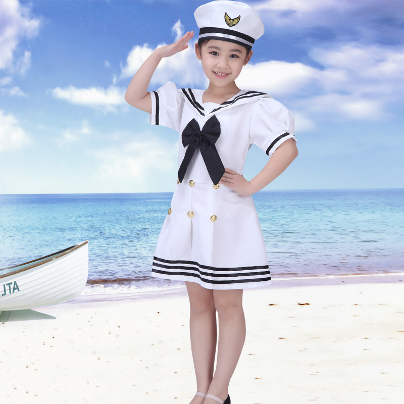 Kids White Nautical Sailor Costume Girls Sailor Dress Boys Navy Shirt Suit Set with Hat