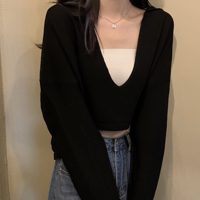 【ZHELIHANGFEI】Áo Dệt Kim Tay Dài Cổ POLO Eo Cao Hở Rốn