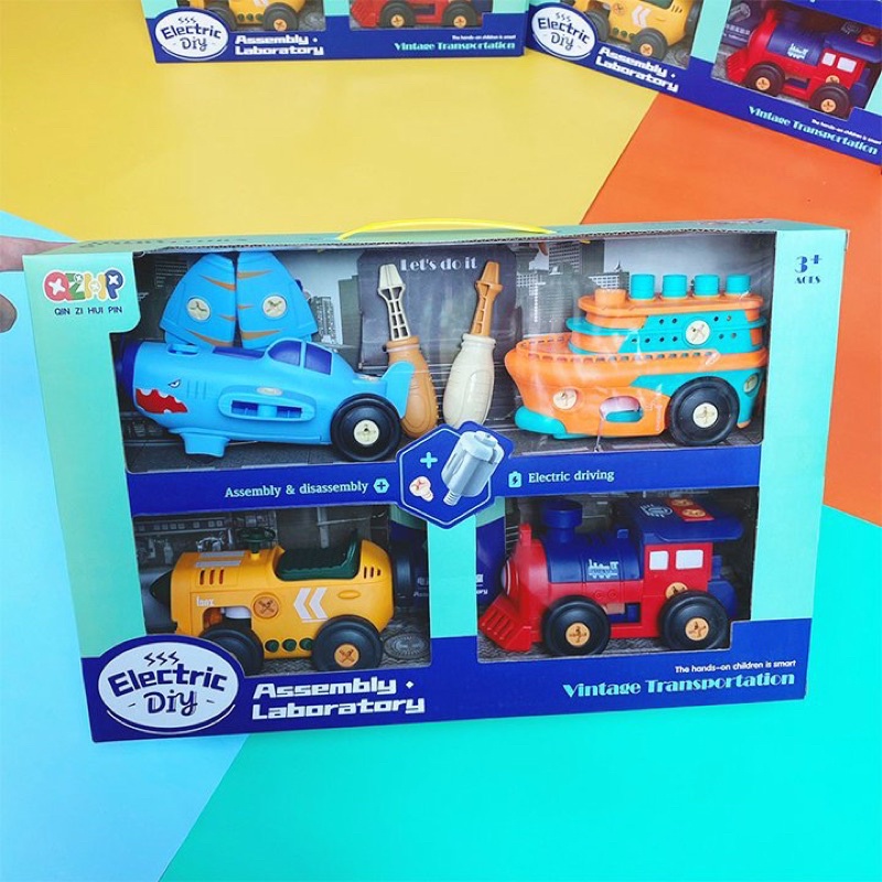 Đồ Chơi Lắp Ráp Xe - Bộ 4 Phương Tiện Xe Ô Tô, Máy Bay, Tàu Thuỷ, Tàu Hoả Có Kèm Tua Vít Cho Bé, Có Dùng Pin