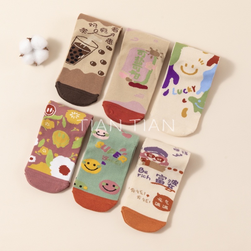 TIAN TIAN T142 Vớ Cotton Cổ Cao Vừa Tất In Họa Tiết Mặt Cười Hoạt Hình Phong Cách Hàn Quốc Thời Trang Thu Đông Cho Nữ