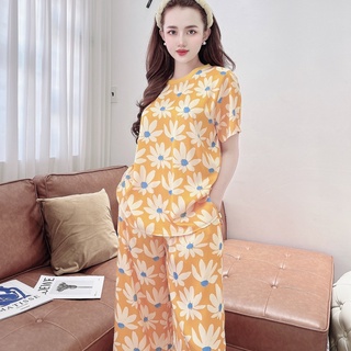 Bộ Ngủ Nữ  Big Size Tiểu Thư Cộc Tay Mặc Thu Đông - Đồ Bộ Lụa/Đũi Cổ Tròn Quần Dài Mặc Ở Nhà Nữ ,Họa Tiết Sang Chảnh, MA