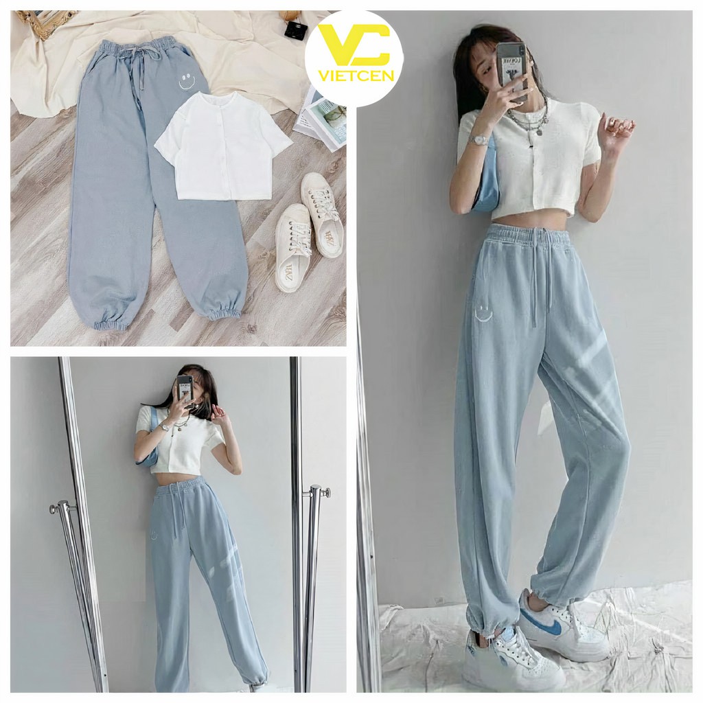 Set áo croptop cài cúc tay ngắn và quần jogger buộc dây mặt cười - VIETCEN