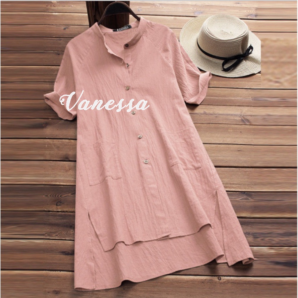 Sơ mi váy độc lạ sang chảnh form dài rộng giấu quần Vanessa Stylish chất liệu đũi siêu mềm mát AKH.35