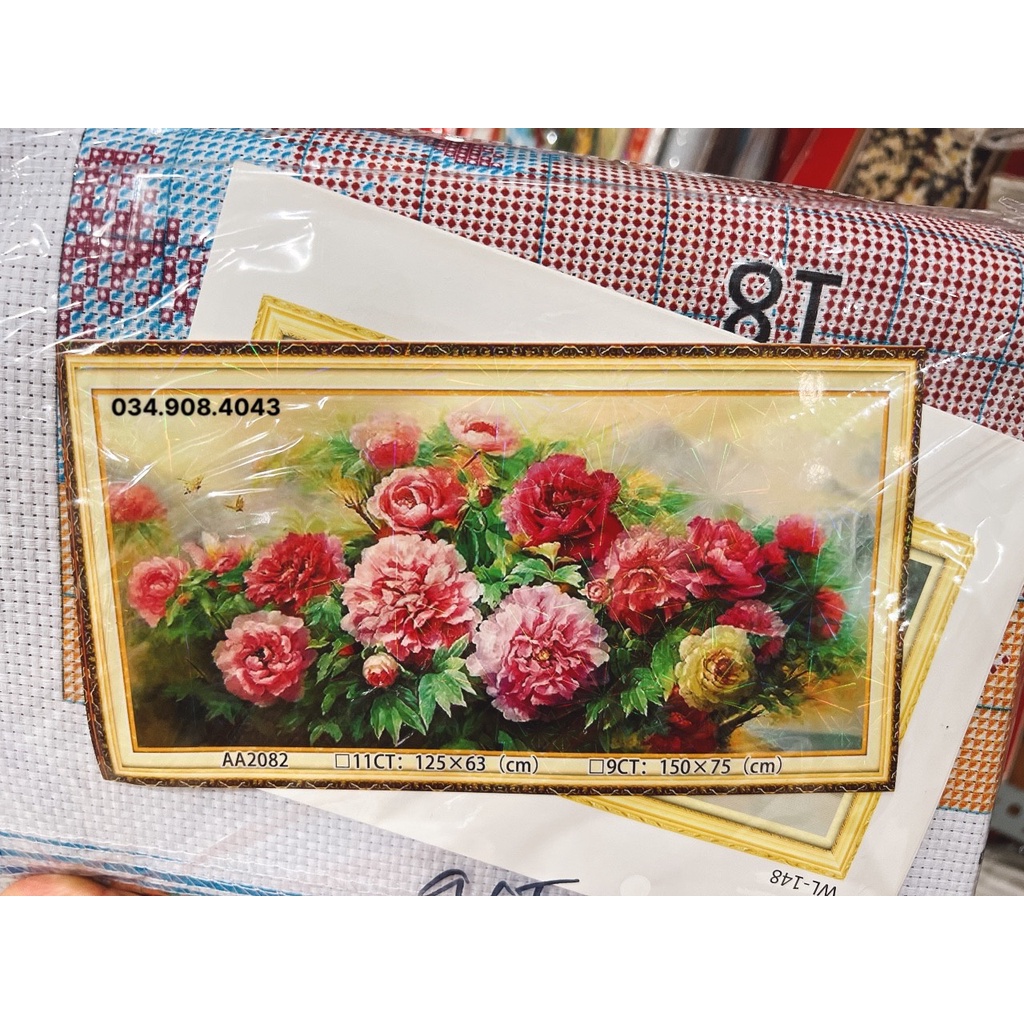 tranh thêu chữ thập hoa mẫu đơn đẹp AA2082 - 125*63 , AA2082- 9CT - 150*75 - tranh chưa thêu