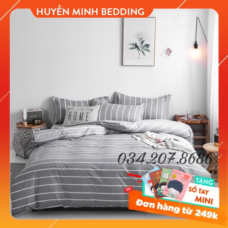 Bộ Chăn Ga Gối Poly Cotton Kẻ Trắng Xám - Bộ Chăn Ga Gối 5 Món Cao Cấp