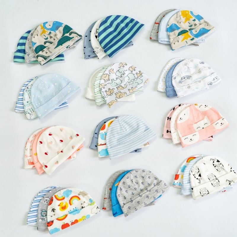 Set 3 mũ cotton dày dặn co giãn cho bé 0 - 6 tháng