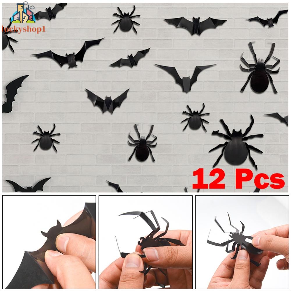 12/24 Bộ Halloween Dán Tường Trang Trí 3D Stereo Halloween PET Dơi Nhện Dán Tường Nhà Để Xe Sắp Xếp Cửa Sổ Kỳ Nghỉ Trang Trí Dán Tường Nhựa