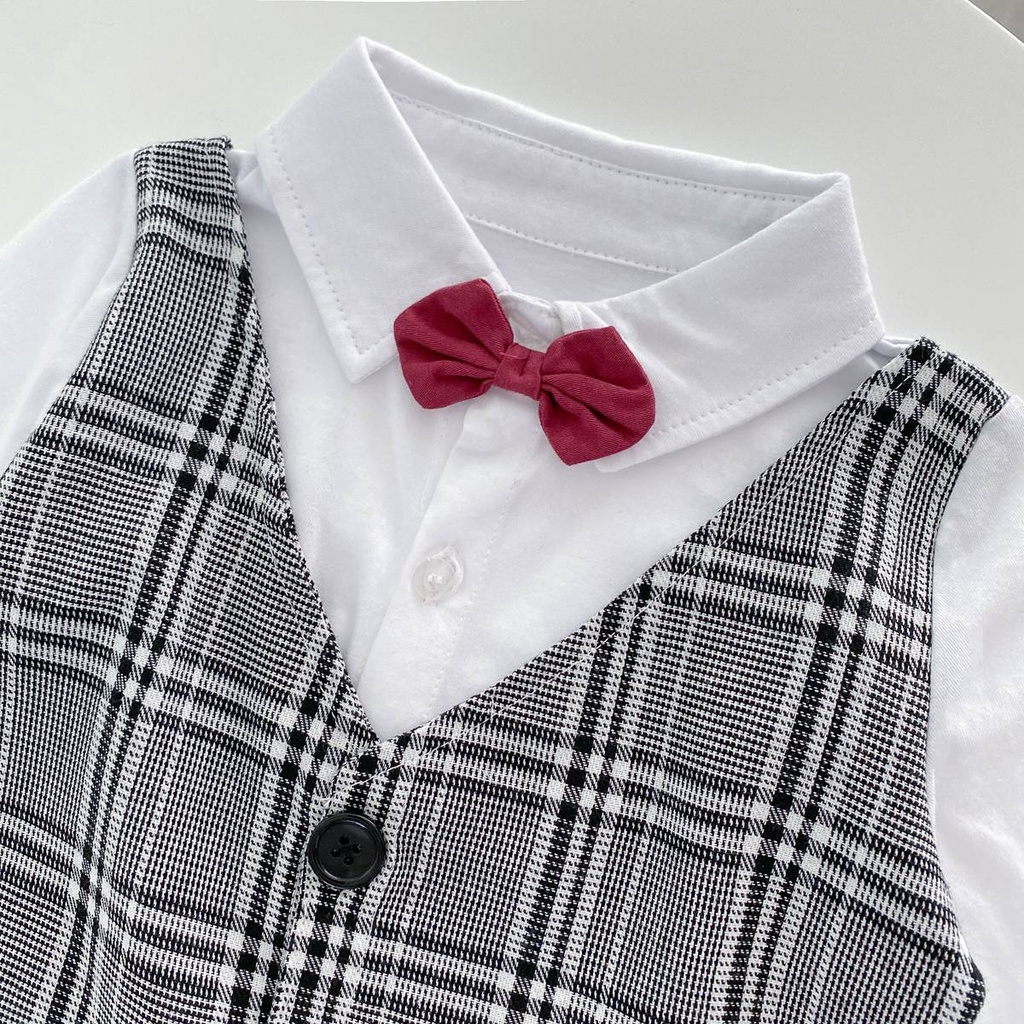 Bộ áo liền quần Sanlutoz từ vải cotton tay dài in họa tiết caro thời trang cho bé trai sơ sinh