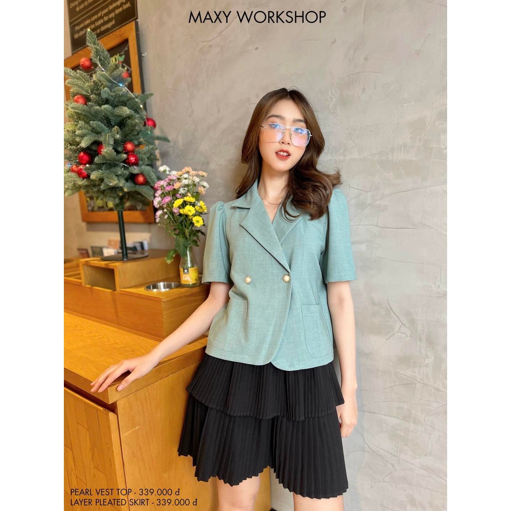 Áo khoác vest tay ngắn phồng nhẹ màu xanh vest top Maxy Workshop