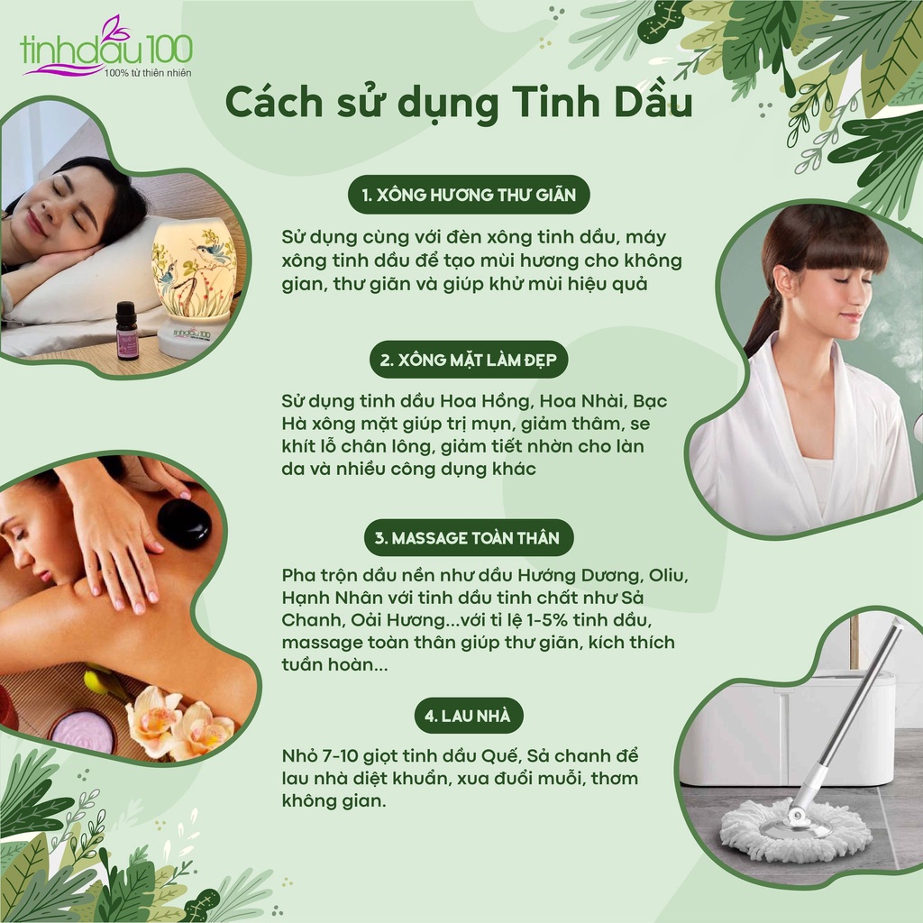 Tinh dầu thiên nhiên nguyên chất sả chanh, quế, oải hương lavender xông thơm phòng ngủ, spa lọ 10ml Tinh Dầu 100 Shop